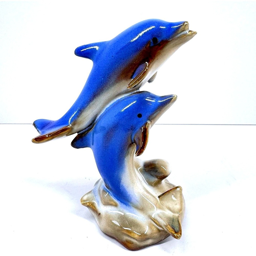 Vintage Double Dolphin Ceramic Figurine Blue Glazed Ocean Coastal Nautical Decor
